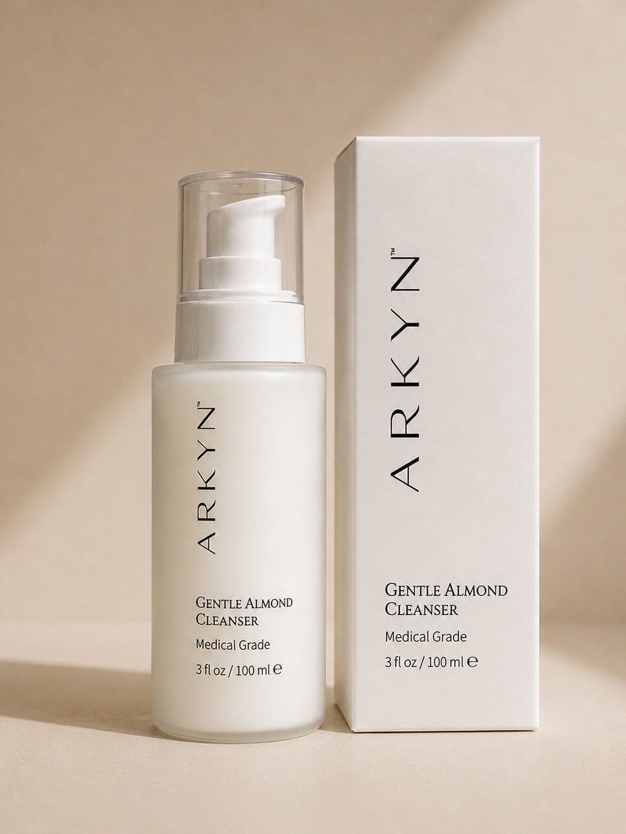 The Arkyn Gentle Almond Cleanser bottle beside its box