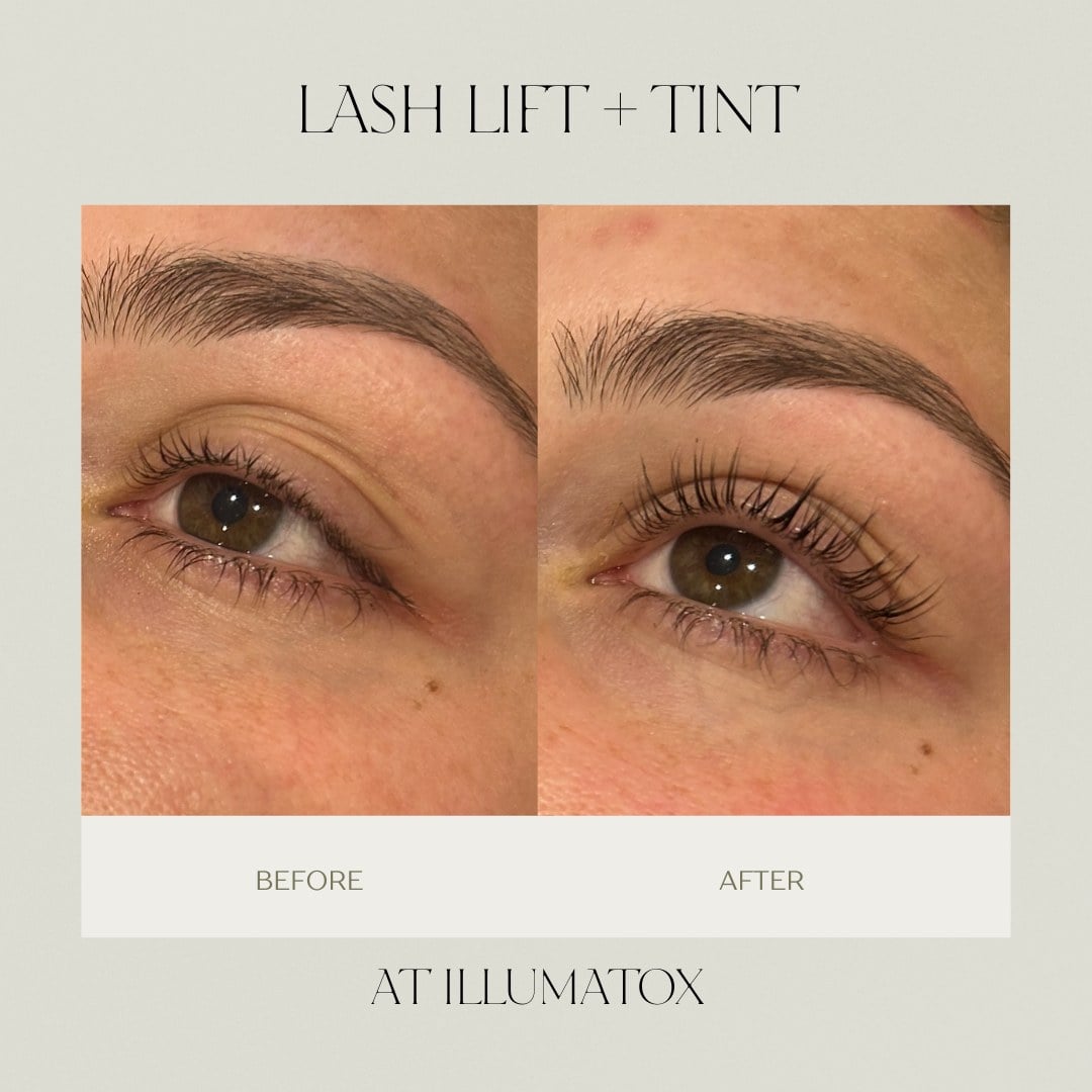 A before and after of a lash lift and tint by Stephanie at Illumatox in Neenah