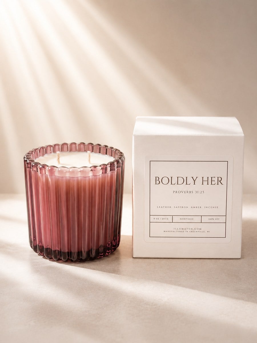 The Boldly Her candle in a ribbed rose glass vessel beside its white box