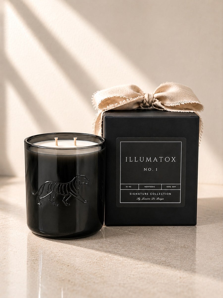 The Illumatox No. 1 Signature candle in a black vessel