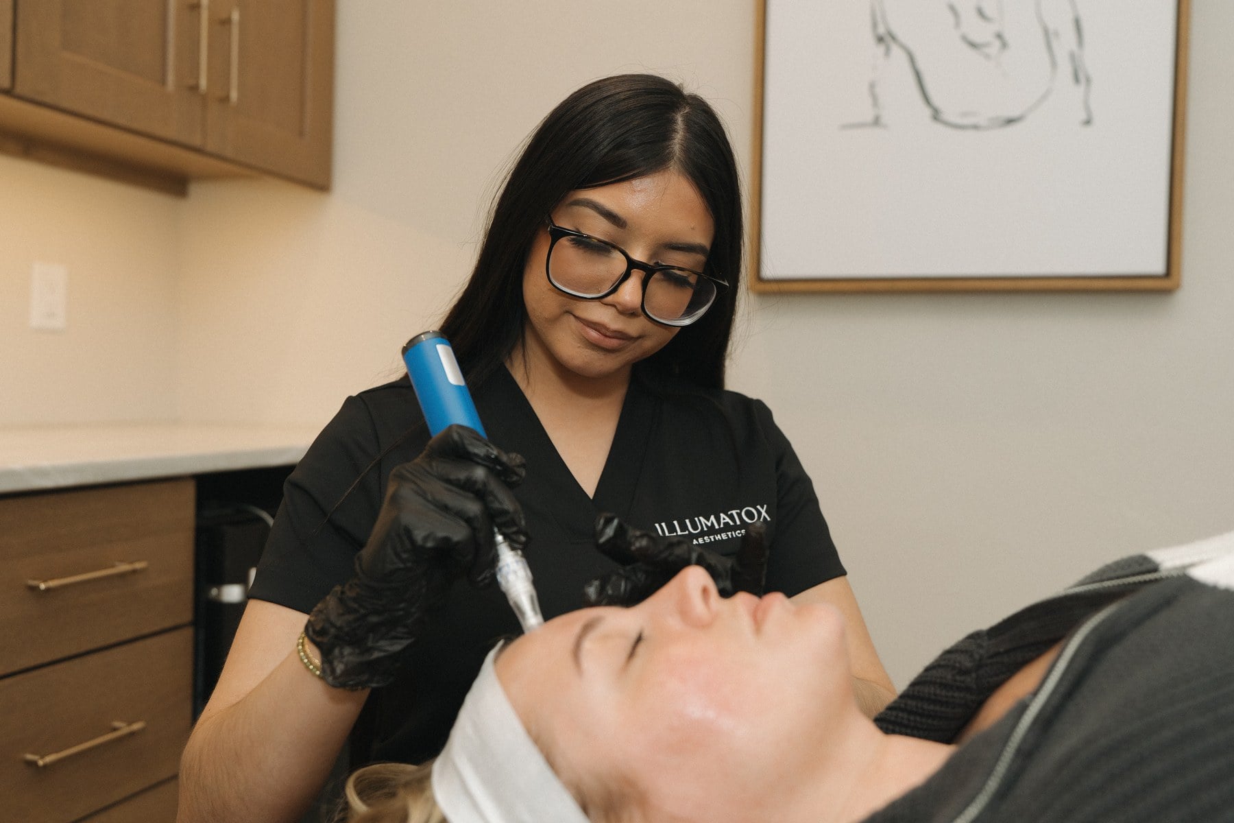 Protective goggles worn during a laser treatment at Illumatox Aesthetic Studio in Neenah